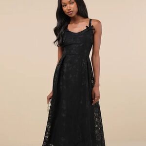 Flirtatious Crush Black Burnout Pleated Bow Midi Dress